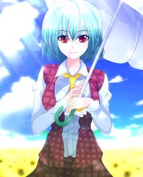  ascot blush breasts cloud flower flower_field green_hair highres kazami_yuuka plaid plaid_vest red_eyes shirt short_hair skirt sky smile solo sunflower toratarou touhou umbrella vest youkai 