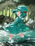  blue_eyes blue_hair explosive grenade hair_bobbles hair_ornament kawashiro_nitori looking_back mishina_(1204222) skirt skirt_basket skirt_lift solo touhou water 