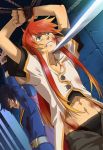  arms_up bdsm black_hair blood blue_eyes bondage clenched_teeth coat green_eyes injury leon_magnus liduke long_hair luke_fon_fabre male midriff multiple_boys nervous red_hair redhead rope sword tales_of_(series) tales_of_destiny tales_of_the_abyss weapon 