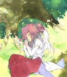  arche_klein belt closed_eyes dochibi elbow_gloves fetal_position gloves grass horiguchi_yukiko lawn lying on_floor on_side outdoors pants pink_hair side_ponytail sleeping sleeveless sleeveless_shirt solo tales_of_(series) tales_of_phantasia tree tree_shade twintails two_ups witch 