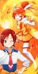  bike_shorts boots cure_sunny dual_persona fiery_background fire hair_ornament hairclip hatasuke hino_akane magical_girl orange_(color) precure red_eyes red_hair redhead ribbon shorts_under_skirt skirt sleeves_rolled_up smile_precure! thigh_boots thighhighs 