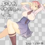  bow breasts checkered checkered_background chibi chibi_inset dated large_breasts nakahara_(teriyaki) necktie open_mouth original pink_hair red_eyes rubbing_eyes school_uniform skirt solo teriyaki translation_request waking_up yawning 