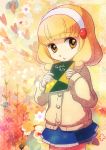  1girl blonde_hair book cardigan hairband highres kawasemi_(pocorit) kise_yayoi long_hair precure school_uniform smile_precure! solo yellow_eyes 