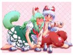  all_fours armband barefoot blush bow breasts crossed_legs dress drunk ex-keine fang fujiwara_no_mokou green_hair hair_bow hand_holding holding_hands horn_ribbon horns kamishirasawa_keine large_breasts legs_crossed long_hair long_sleeves looking_at_another matty_(zuwzi) multiple_girls ofuda open_mouth pants pink_background red_eyes ribbon shirt short_sleeves sitting star starry_background suspenders sweat tail tokkuri touhou very_long_hair white_hair yellow_eyes 