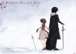  1girl a_song_of_ice_and_fire arya_stark black_hair brother_and_sister brown_hair dress holding_hands inma jon_snow planted_sword planted_weapon rags scarf short_hair siblings snow sword title_drop torn_clothes weapon 