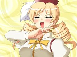  arm_warmers blonde_hair blush closed_eyes drill_hair eyes_closed hat laughing magical_girl mahou_shoujo_madoka_magica ojou-sama_pose open_mouth shirosato solo tomoe_mami twin_drills 