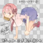  ass bow breasts checkered checkered_background chibi chibi_inset crawling dated food hair_bow hairband hanging_breasts large_breasts mouth_hold nakahara_(teriyaki) narrow_waist necktie original pink_hair polo_shirt red_eyes rough school_uniform skirt socks solo teriyaki translation_request 