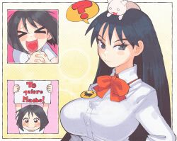  ! >_< 2girls arms_up azumanga_daioh black_eyes black_hair blush bow bowtie breasts cat closed_mouth highres holding holding_sign inkerton-kun kaori_(azumanga_daioh) large_breasts long_hair long_sleeves looking_at_viewer multiple_girls open_mouth red_bow red_bowtie revision sakaki_(azumanga_daioh) school_uniform short_hair sign smile spanish_text spoken_exclamation_mark translation_request 