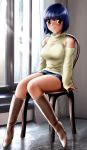  blue_hair boots breasts brown_eyes chair high_heels original photo_background shingyouji_tatsuya short_hair sitting skirt solo 