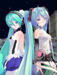  3d 7th_dragon_2020 aqua_eyes aqua_hair back-to-back bare_shoulders belt blue_hair dual_persona elbow_gloves gloves hatsune_miku hatsune_miku_(append) headphones highres long_hair looking_at_viewer miku_append mikumikudance multiple_girls necktie twintails very_long_hair vocaloid vocaloid_(tda-type_ver) vocaloid_append 