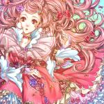  1girl dress flower hair_ornament hair_ribbon kurosawa_tomo lying on_back original pink pink_hair red_eyes ribbon rose solo 