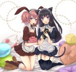  :o animal_ears black_hair bunny_ears cat_ears garters heart highres inu_x_boku_ss kneeling long_hair maid maid_headdress mio_(denki_lamune) mouth_hold multiple_girls pillow pink_hair purple_eyes roromiya_karuta shirakiin_ririchiyo tail tanuki thigh-highs thighhighs twintails violet_eyes watanuki_banri 