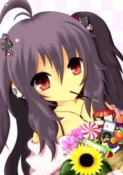  absurdres colored digital_media_player flower highres ipod kuroneko-w-b kuroneko_(fragrant_olive) lineart long_hair looking_at_viewer monochrome original pocky purple_hair solo 