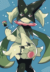  anidler91 blue_background claws closed_mouth flower green_fur green_tail highres meowscarada no_humans pawpads pink_eyes pink_flower pokemon pokemon_(creature) pokemon_focus short_tail smile solo standing tail wavy_mouth 