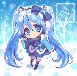  2012 blue_eyes blue_hair boots bow chibi earmuffs hair_bow hatsune_miku long_hair looking_at_viewer mittens ro_(igris-geo) skirt smile solo twintails vocaloid yuki_miku 