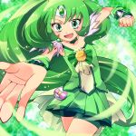  bike_shorts cure_march green green_background green_eyes green_hair long_hair magical_girl midorikawa_nao pohe precure ribbon shorts_under_skirt skirt smile_precure! solo tri_tails 