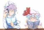  ^_^ blue_hair blush book breasts closed_eyes dress eyes_closed fang gradient_hair hand_on_headphones hat headphones holding holding_book houraisan_kaguya inaba_tewi kanwa lavender_hair letty_whiterock multicolored_hair multiple_girls red_eyes reisen_udongein_inaba remilia_scarlet short_hair smile touhou white_background yagokoro_eirin 