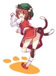  animal_ears blush brown_hair cat_ears cat_tail chen earrings hat jewelry looking_back minamura_haruki multiple_tails open_mouth paw_pose red_eyes short_hair sketch skirt smile solo tail touhou 