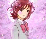  amami_haruka bad_id blush bow brown_hair cherry_blossoms hair_ribbon hanaco-1 idolmaster ribbon school_uniform smile solo 