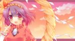  hair_ornament kujou_mikuru long_sleeves mapple_leaf mirror purple_hair red_eyes shimenawa sky sunset touhou yasaka_kanako 