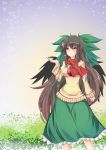  alternate_costume bow breasts brown_hair hair_bow inu3 long_hair looking_up multicolored_eyes open_mouth red_eyes reiuji_utsuho scarf skirt snow snowflakes solo sweater third_eye touhou very_long_hair wings yellow_eyes 