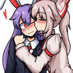  2girls ;3 animal_ears black_jacket blazer blush bow closed_eyes collared_shirt double-parted_bangs fujiwara_no_mokou hair_between_eyes hair_bow heart high_ponytail highres hug hug_from_side jacket kiss kissing_cheek lad_der long_hair long_sleeves multiple_girls necktie one_eye_closed purple_hair rabbit_ears rabbit_girl red_eyes red_necktie reisen_udongein_inaba shirt sidelocks suspenders touhou upper_body white_hair white_shirt yuri 