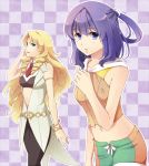  ao_no_kiseki belt blonde_hair blue_eyes bracelet checkered checkered_background dress drill_hair eiyuu_densetsu falcom half_updo ilya_platiere jewelry long_hair midriff multiple_girls navel purple_background purple_hair rixia_mao shirt short_hair shorts sun_trial twin_drills 