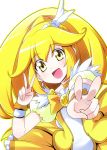  blonde_hair bow cure_peace double_v hair_ornament kiku_hitomoji kise_yayoi magical_girl open_mouth ponytail precure puffy_sleeves short_hair smile smile_precure! solo v yellow yellow_eyes 