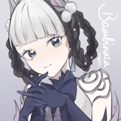  1girl animal_ears bambinata_(pgr) black_hair blue_dress blue_eyes braid braided_hair_rings cat_ears character_name dress fake_animal_ears grey_background grey_hair hair_ornament hair_rings heart heart-shaped_pupils highres kazuna_ys multicolored_hair pom_pom_(clothes) pom_pom_hair_ornament punishing:_gray_raven solo symbol-shaped_pupils two-tone_hair white_pom_poms 