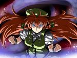  blue_eyes bow braid breasts clenched_hand clenched_hands ex-meiling fighting_stance fist glowing glowing_eyes hair_bow highres hong_meiling long_hair red_hair redhead solo touhou tsuki_wani twin_braids very_long_hair 