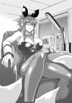  breasts bunnysuit cleavage desk distance glasses hairband lamp large_breasts long_hair monochrome original pantyhose wrist_cuffs 
