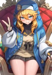  1girl absurdres androgyne_symbol aqua_eyes black_skirt blonde_hair blush box bridget_(guilty_gear) commentary_request crown female_focus fingerless_gloves fingernails gift gift_box gloves guilty_gear guilty_gear_strive hair_between_eyes hakusyokuto highres hood hood_up hooded_jacket jacket long_hair looking_at_viewer mini_crown miniskirt multicolored_clothes multicolored_jacket nervous_smile nervous_sweating pleated_skirt sitting sitting_on_throne skirt smile solo spoken_blush sweat thighs two-tone_jacket v 