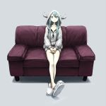  blue_eyes bunny couch hands_clapsed hands_clasped highres hoodie horns long_hair no_nose original rabbit sitting slippers toi_(number8) 