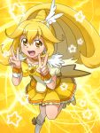  blonde_hair cure_peace dress enu_(spinal) kise_yayoi long_hair magical_girl ponytail precure skirt smile_precure! solo star v yellow yellow_background yellow_dress yellow_eyes 