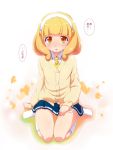  blonde_hair blush cardigan female hairband hand_on_thigh kise_yayoi kneehighs natsumi_akira no_shoes precure short_hair sitting skirt smile_precure! solo speech_bubble text translation_request wariza yellow_eyes 