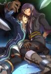  arm_up arms_behind_back black_eyes black_hair blood boots brown_eyes brown_hair coat cuffs gloves handcuffs injury jude_mathis liduke long_hair male multiple_boys pants smile sword tales_of_(series) tales_of_vesperia tales_of_xillia weapon yuri_lowell 