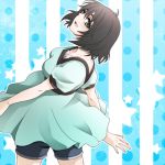  :d black_hair dress from_behind green_eyes looking_back lowres open_mouth pasta_(suzukov) shiina_mayuri short_hair shorts smile solo steins;gate 