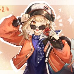  1girl ;d adjusting_clothes adjusting_headwear apple apple_(reverse:1999) black_bow black_bowtie blonde_hair blue_dress blue_neckerchief bow bowtie cabbie_hat crooked_eyewear dated dress drop_shadow food fruit glasses hand_on_headwear hands_up hat highres jacket long_sleeves looking_at_viewer looking_over_eyewear neckerchief notice_lines one_eye_closed open_clothes open_jacket open_mouth orange_background orange_eyes polka_dot_neckerchief puffy_long_sleeves puffy_sleeves red_jacket regulus_(reverse:1999) reverse:1999 round_eyewear short_hair smile solo sparkle straight-on sunglasses teeth upper_body upper_teeth_only youzha_ligui 