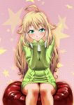  ahoge blonde_hair dress green_eyes hoshii_miki idolmaster long_hair shirihime sitting smile solo sweater sweater_dress 