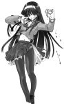  black_hair blood blood_on_face cynthia_the_mission fighting_stance flat_chest hairband highres kuga_araya long_hair midriff monochrome panties panties_under_pantyhose pantyhose pleated_skirt school_uniform senomoto_hisashi serafuku skirt solo torn_clothes torn_skirt underwear 