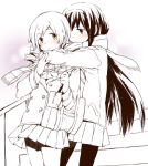  akemi_homura bag coat drill_hair hug hug_from_behind kutsuwada_on long_hair mahou_shoujo_madoka_magica multiple_girls over_shoulder pantyhose scarf skirt tomoe_mami twin_drills winter_clothes 