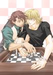  barnaby_brooks_jr blonde_hair board_game brown_eyes brown_hair chess chess_piece chessboard facial_hair glasses green_eyes jewelry kaburagi_t_kotetsu multiple_boys necklace nyan_co3 playing_games stubble t-shirt tiger_&amp;_bunny vest waistcoat 