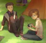  aida_kensuke black_hair brown_hair camping dress_shirt expressionless freckles frown glasses grass indian_style looking_back male moai_(aoh) multiple_boys neon_genesis_evangelion shirt sitting suzuhara_touji sweatshirt television tent 