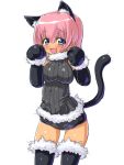  :d animal_ears artille black_gloves black_legwear blue_eyes blush breasts busou_shinki cat_ears cat_tail dd_(artist) doll_joints elbow_gloves fur_trim fur_trimmed gloves impossible_clothes impossible_shirt large_breasts looking_at_viewer no_nose open_mouth paw_pose pink_hair pink_hairs shiny shiny_skin short_hair short_shorts shorts simple_background sleeveless smile solo sweater tail thigh-highs thighhighs white_background 