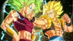  abs absurdres armlet armpit_crease black_eyeliner black_vest blonde_hair blue_eyes blue_sash blurry blurry_background bracelet clenched_hand clenched_hands clenched_teeth curtained_hair depth_of_field dragon_ball dragon_ball:_sparking! dragon_ball_super earrings easterhands english_commentary eyelashes eyeliner face_punch green_aura green_hair hands_on_own_hips highres in_the_face jewelry kefla_(dragon_ball) legendary_super_saiyan looking_ahead looking_at_another looking_to_the_side makeup medium_hair metamoran_vest midriff muscular muscular_female muscular_male nose pants pectorals potara_earrings punching red_pants red_tank_top sash shockwave sleeveless smirk spiky_hair super_saiyan super_saiyan_1 sweatdrop tank_top teeth v-shaped_eyebrows vest white_pants yellow_aura yellow_vest 