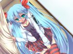  aqua_eyes blue_hair blush curtains hatsune_miku jewelry kocchi_muite_baby_(vocaloid) long_hair necklace open_mouth project_diva project_diva_2nd rankiryuu skirt solo striped striped_legwear thigh-highs thighhighs twintails very_long_hair vocaloid 