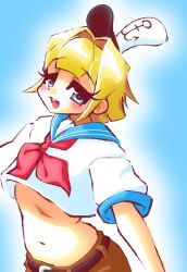 belt blonde_hair blue_eyes blue_sailor_collar blunt_bangs blush bob_cut crop_top dreamscreep eyelashes freckles hair_intakes hat highres humanization navel sailor_collar short_hair smile solo spongebob_squarepants spongebob_squarepants_(character) spongebob_squarepants_(series)