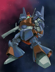  aeug aiming aiming_at_viewer bazooka_(gundam) beam_rifle cable commentary_request dual_wielding energy_gun gundam highres holding holding_weapon machinery mecha mecha_focus mobile_suit nebula no_humans one-eyed rick_dias robot saitani_umetarou science_fiction space star_(sky) thrusters weapon zero_gravity zeta_gundam 