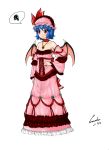  bat_wings blue_hair blush choker detached_sleeves dress fang frilled_dress frills gown hat hat_ribbon highres jewelry necklace pendant pink_dress red_eyes remilia_scarlet ribbon sanada_(tony2035176) short_hair sketch solo squiggle strapless_dress touhou wings 