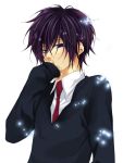  bad_id blue_eyes blush bust hakuouki_shinsengumi_kitan male necktie purple_hair saitou_hajime_(hakuouki) school_uniform short_hair simple_background solo sweater tohikou white_background 